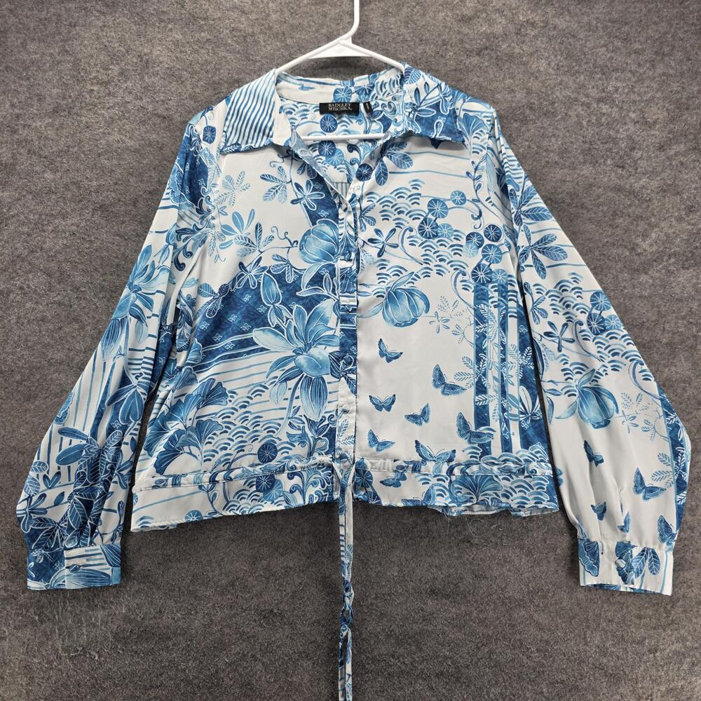 Badgley Mischka Button-Up Womens L Blue Cropped Floral Stretch Relaxed Fit